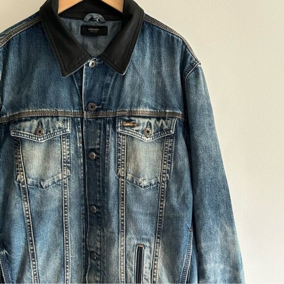 DIESEL Elshar Denim Distressed Jacket Blue Cow Leather Collar Biker - Picture 7 of 15